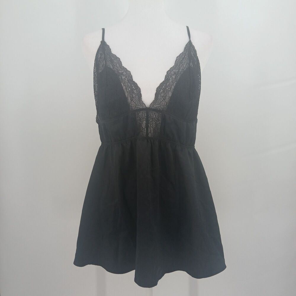 Victoria's Secret Black Satin & Lace babydoll lingerie top Size Large